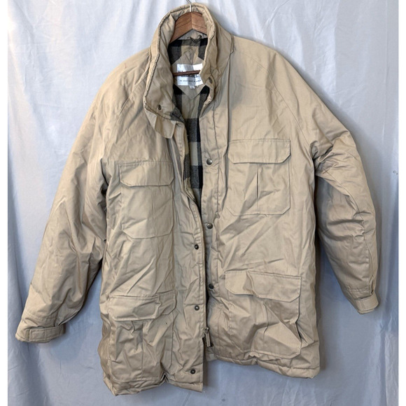 Vintage Windbreaker Jacket Men Large Tan Mountain Parka Wool Lined Cargo Coat - Picture 1 of 10